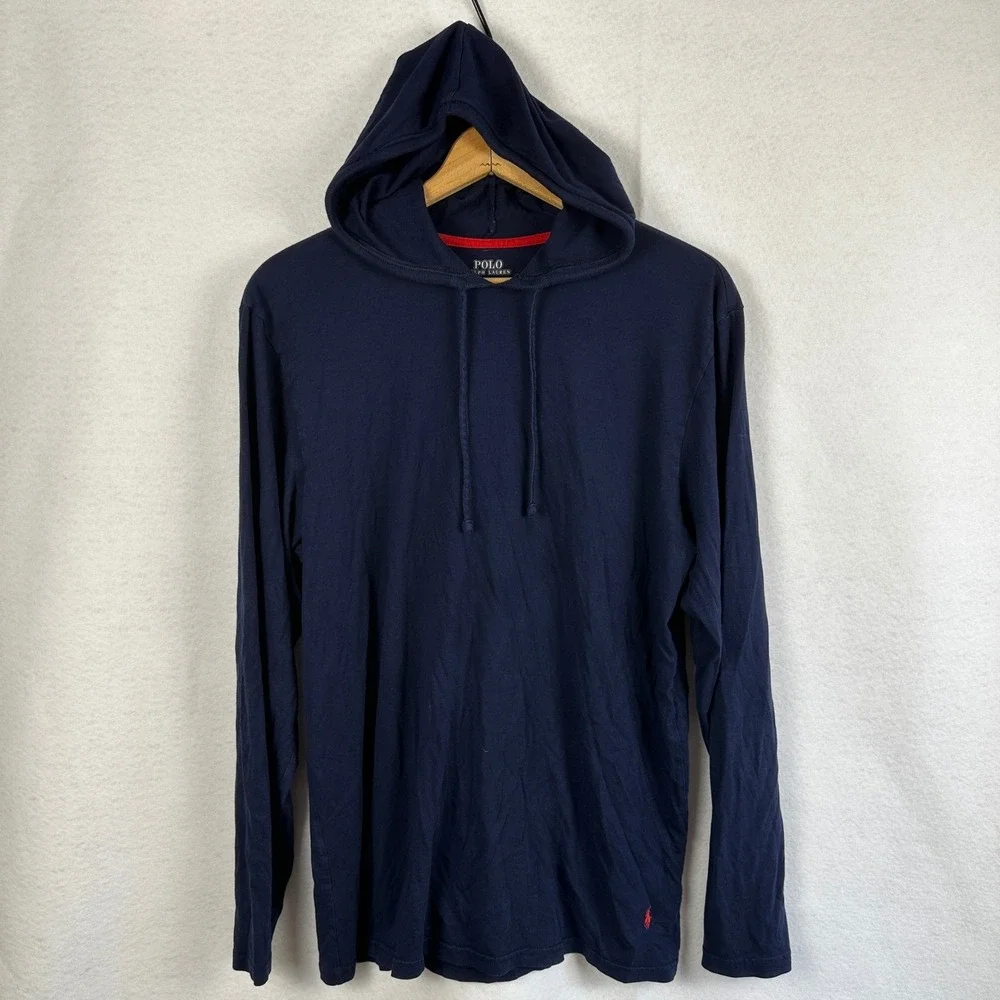 Polo Ralph Lauren Mens Long Sleeve Hoodie Lightweight T-Shirt Navy Red Pony Logo
